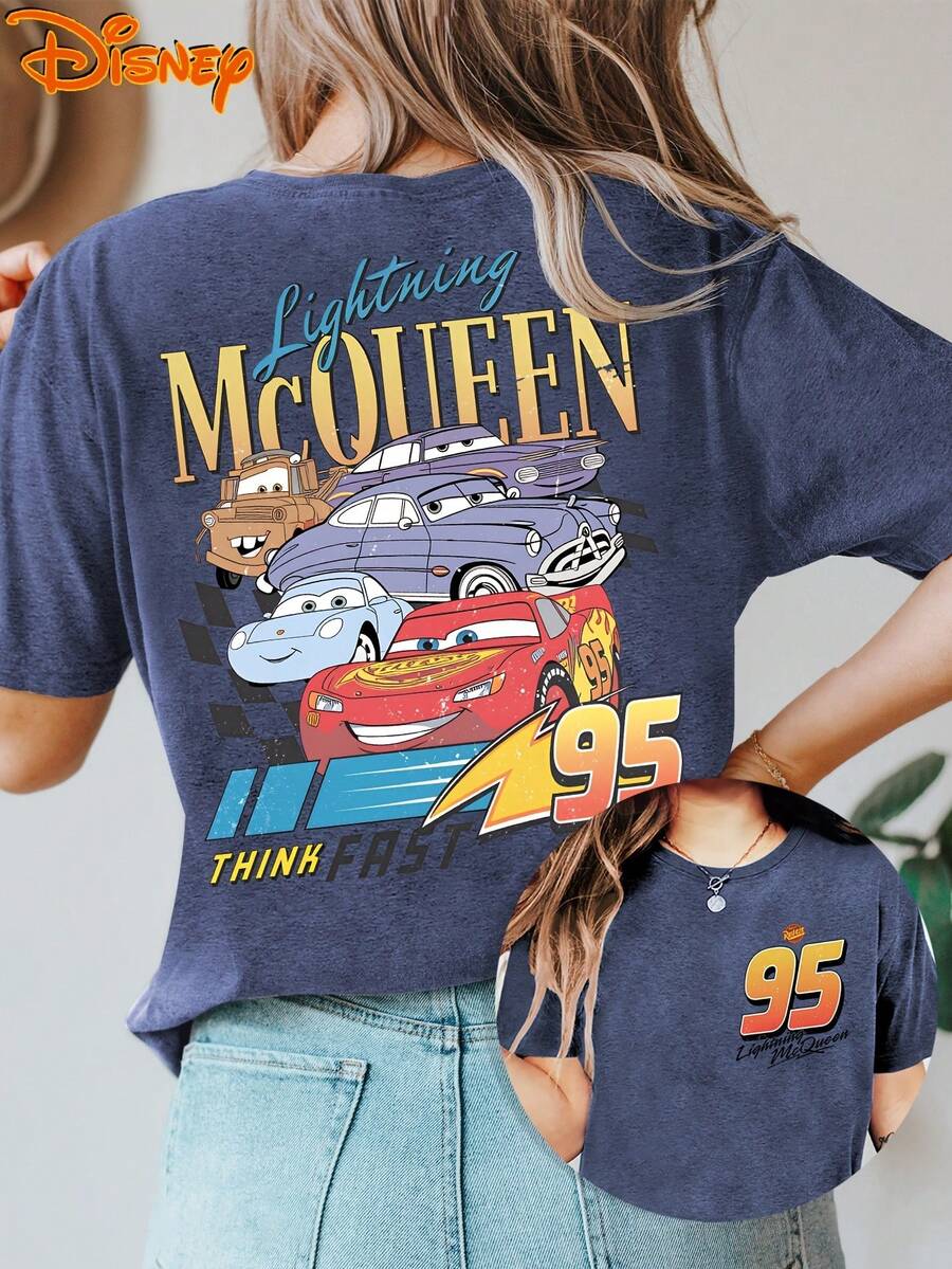 Authentic Women's Disney Short-Sleeve T-Shirt, Cool Vintage Cars "Cars" McQueen No. 95 Racing Double-Sided Print, Round Neck Summer Tee, Suitable For Spring, Summer, And Fall, Disney Trip, Stylish Casual Everyday Commute Vacation Versatile Vintage - Xanh đậm - Xem 1