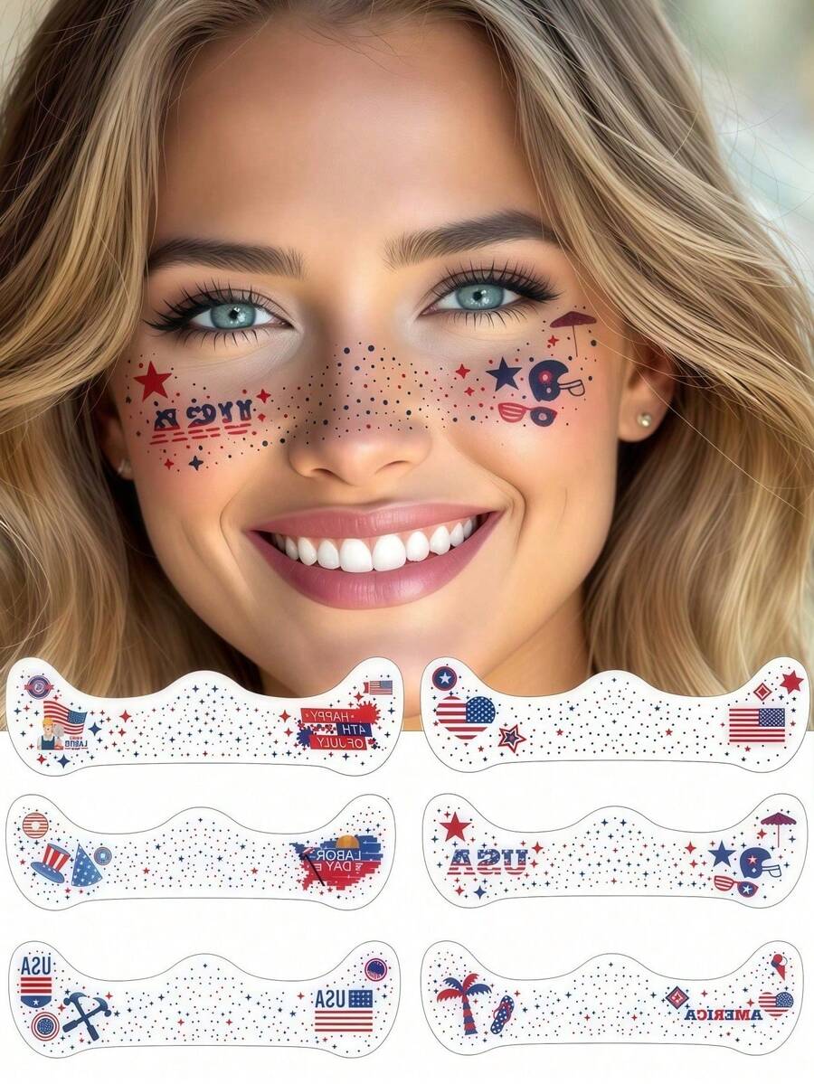 6 Sheets 4th Of July Star Freckles Face Tattoo 4th Of July Accessories Red White And Blue Independence Face Tattoo Day Favors For Summer Party Festivals Freckle Makeup - Multicolor - View 1