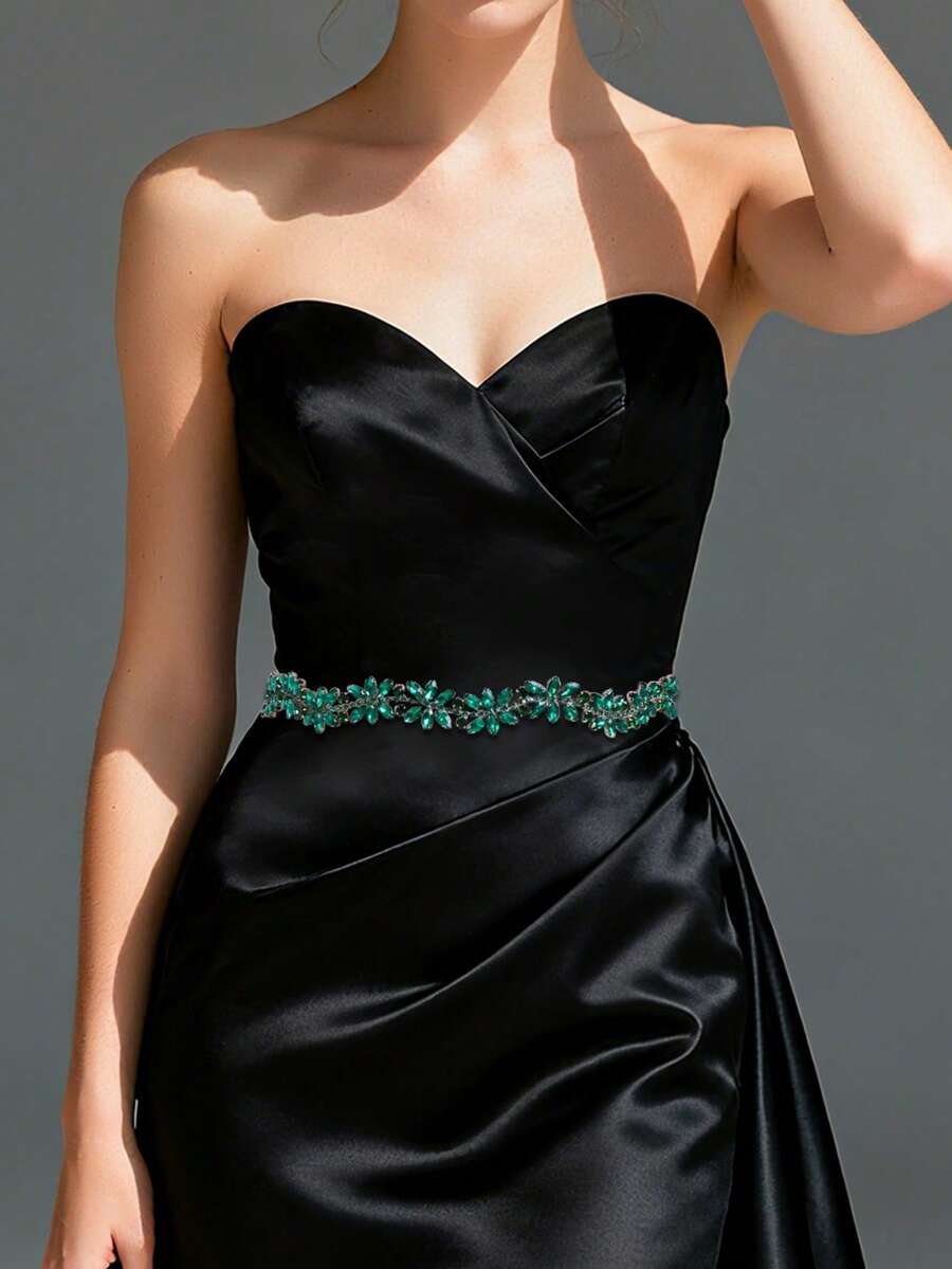 1pc Thin Green Rhinestone Applique Bridal Belt, Fashion Wedding Dress Waist Sash, Decor Accessory For Birthday Cocktail Surprise Theme Parties