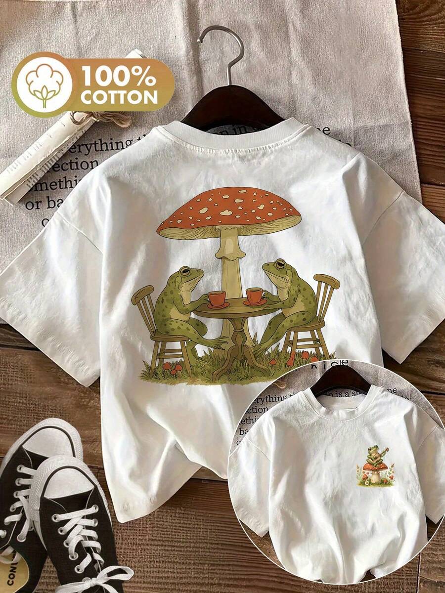 Playeras de mujer: Top casual de verano para mujer con estampado de doble cara de estilo vintage con ranas y setas, camiseta de manga corta con cuello redondo. - Blanco - Ver 1