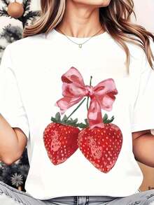 Camiseta de Mujer con Estampado de Lazo de Fresa, Cuello Redondo, Uso Diario Casual, Suave y Cómoda, Estilo Vacacional, 220g, Playera Holgada para Mujer - Blanco - Ver 7