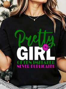 Women's Crew Neck T-Shirt, "Pretty Girl, Often Imitated, Never Duplicated" Print Design, Casual Wear For Everyday Outfits, Christmas Holidays, 220g, Loose Fit T-Shirt For Women - 黑色 - 查看 7