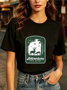 180g Adventure & Outdoor Short Sleeve T-Shirt - An Excellent Choice For Family Vacations, Corporate Team-Building Activities, And Holiday Gifts. | Soft And Comfortable | Modern Design | The Ideal Choice For Independence Day And Summer Picnics. | Exquisite Design | Loose And Comfortable Fit | Easy To Match | - 黑色 - 查看 7
