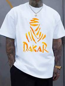 [Camiseta de Verano, Lavable a Máquina] Camiseta Casual de Cuello Redondo para Hombre con Estampado Gráfico "DAKAR" - Tela Ligera y Transpirable, Corte Holgado, Lavable a Máquina, Tallas Grandes Disponibles, TALLA GRANDE - Negro - Ver 1