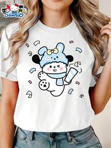 Camiseta Elegante de Manga Corta para Mujer con Licencia de  |   Paco perro con gorro de conejo azul, estampado de dibujos animados de la serie de regalos, cuello redondo suave y elástico, estilo retro casual, adecuado para primavera, verano y otoño, tallas S-XL, transpirable y esencial de moda. | Diseño exquisito |   Suelto y cómodo |   Fácil de combinar | - Blanco - Ver 7