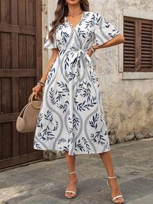 Vestido casual de vacaciones con estampado de plantas y manga corta para mujer - Gris - Ver 9