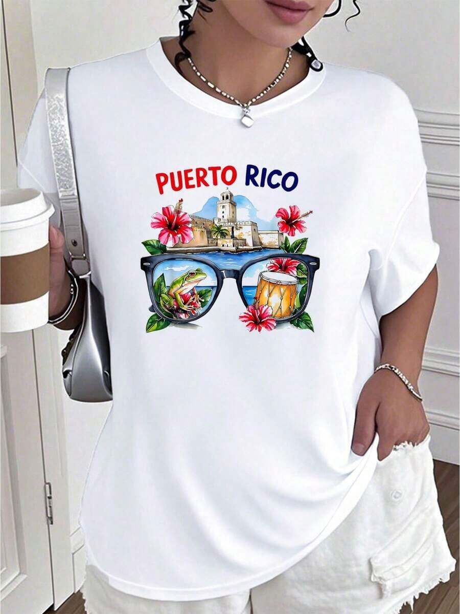Camiseta de Mujer con Diseño Floral de Puerto Rico, Herencia Hispánica - Camisetas con Gráficos Artísticos, Tops Cortos de Verano, Camisetas de Mujer, Tops de Verano - Camiseta Transpirable y Cómoda - Blanco - Ver 1