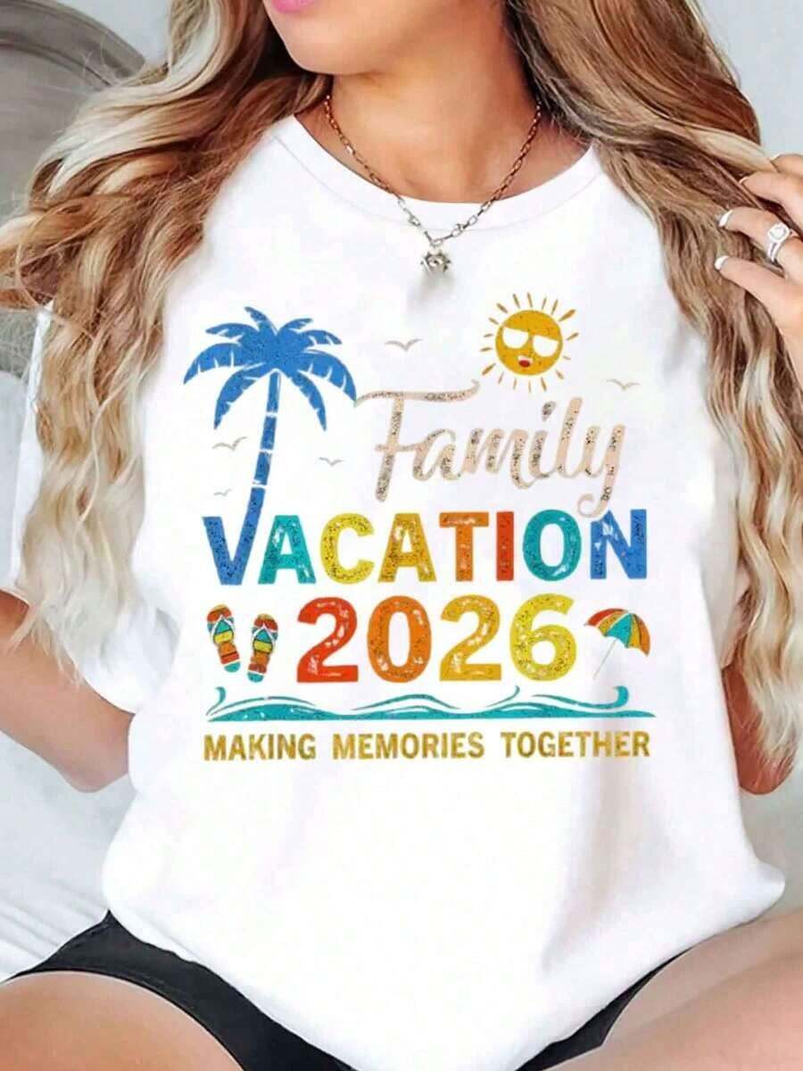Camiseta de Mujer Vacaciones Familiares 2026 Creando Recuerdos Juntos Estampado de Palmera, Sol, Playa, Chanclas y Sombrilla Casual Diario Cuello Redondo Manga Corta Suave y Cómoda 220g Transpirable y cómoda - Blanco - Ver 1