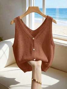 Nueva Chaleco de punto casual francés de verano, de punto sencillo con textura hueca, de atmósfera suave, diseño de capa para ir al trabajo/commute, cuello en V, Cárdigan de punto sin mangas de color blanco grisáceo - Marrón Chocolate - Ver 8