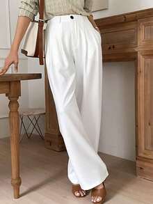 Pantalones rectos plisados de unicolor para mujer, pantalones de vestir casuales de otoño - Blanco - Ver 4