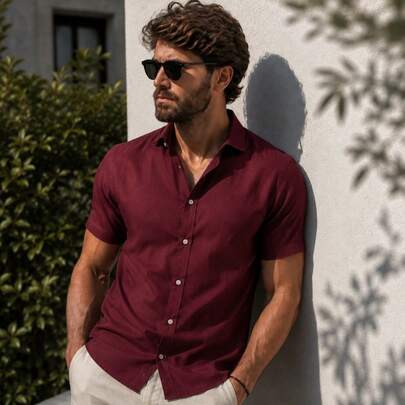 Camisa Masculina Gola Italiana Manga Curta Slim Fit Casual Confortavel Trabalho Passa Fácil
