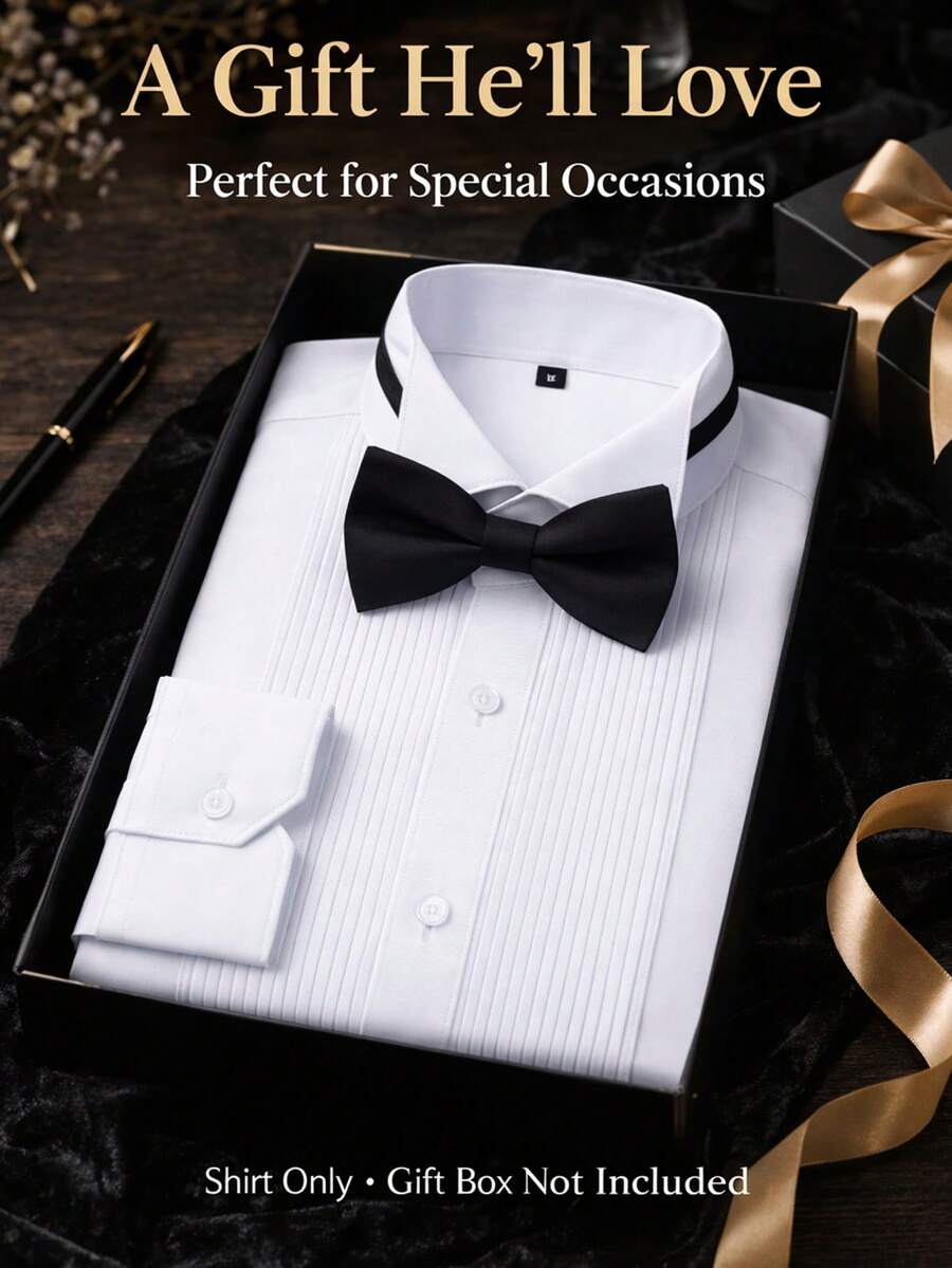 2025 Wing Collar French Dress Shirt  Free Bow Tie  Stretch Comfort Fit Wrinkle-Free & Breathable Self-Tie Wing Collar Shirt Groom's Luxury Wingtip Shir Black Tie Ready Wedding/Black Tie/Gala - trắng - Xem 1