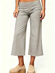 Womens Low Rise Capri Pants Fold Over Waistband Solid Color Slim Fit Cropped Pants Trousers - 灰色 - 查看 5