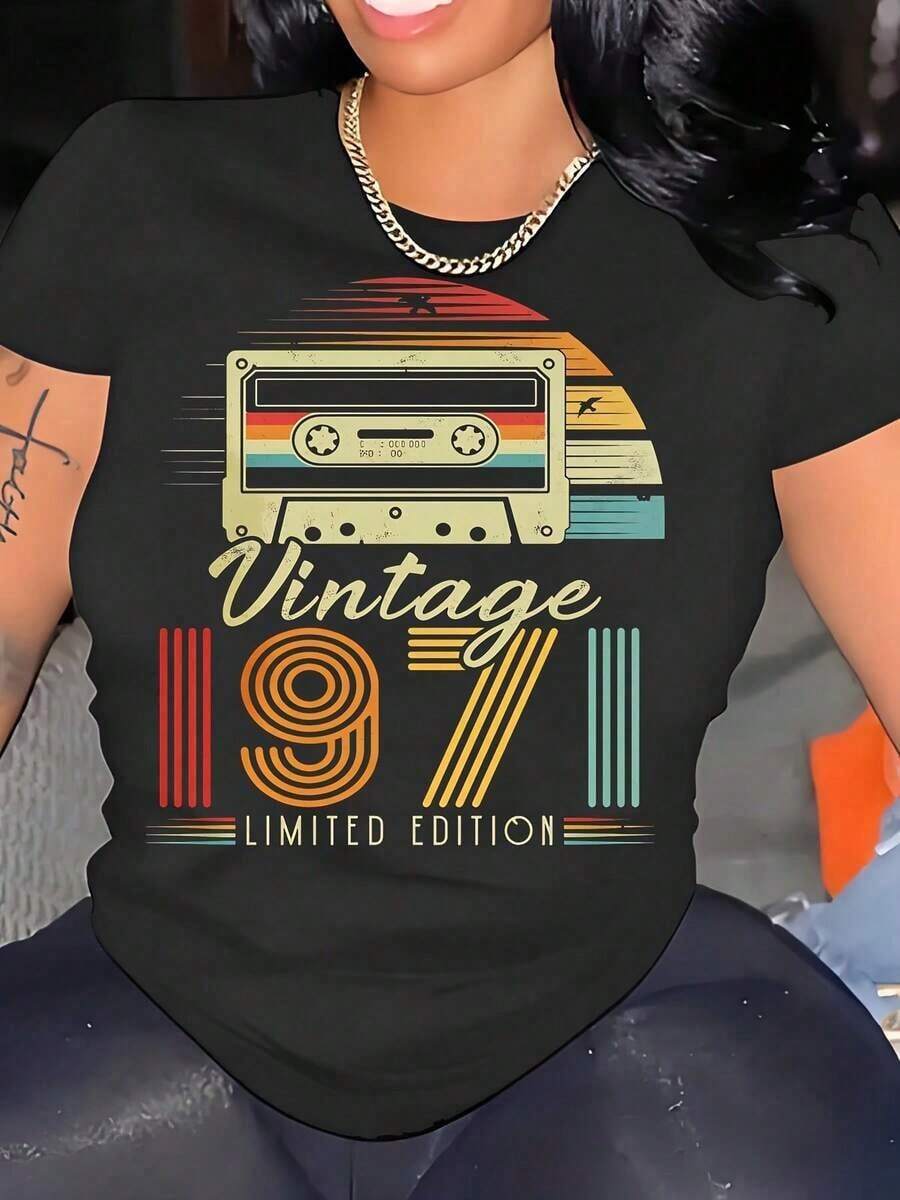 Camiseta Casual con Diseño de Cinta de Cassette Vintage 1971, Edición Limitada, Estilo Retro para Amantes de la Música y Fanáticos de la Nostalgia, Perfecta para Uso Casual, Fiestas y Atuendos Diarios para mujeres. - Negro - Ver 1