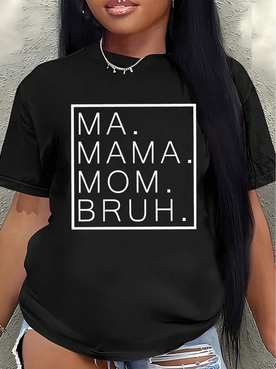 Camiseta de manga corta ligera y duradera, estampada con MA.MAMA.MAMÁ.El logotipo "BRUH" es perfecto para el hogar, la cocina o la ropa informal de exterior, ofreciendo una experiencia de uso cómoda en el día a día.blusa casual mujer - Negro - Ver 1