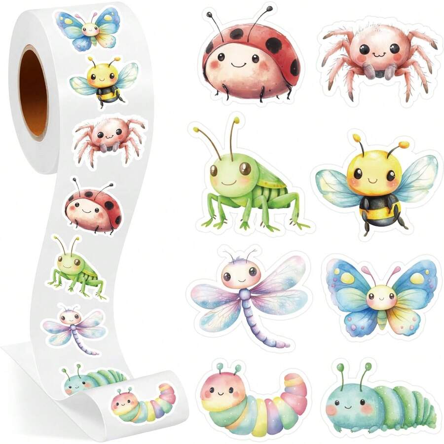 500pcs Colorful Cute Insect Doodle Stickers, 1 Inch 8 Patterns, Floral Sealing Labels, Envelopes, Magazines, Phone Cases, Water Bottles, Laptops, Scrapbooking, Party Favors, PVC Waterproof Stickers School Supplies - Cute and Soft Insects - View 1
