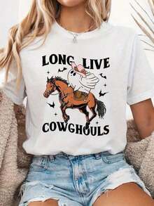 Camiseta Casual 100% Algodón para Mujer, Diseño de Vaquero Fantasma Montando a Caballo, para Halloween - Blanco - Ver 7