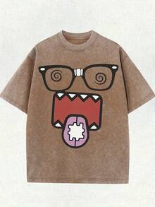 Men's And Women's 220g Washed Vintage Urban Style T-Shirt - Funny Cartoon Character With Black Frame Glasses And Pink Swirl Print, Loose Round Neck, Short Sleeve, Casual Summer Top, Funny Print T-Shirt, Soft Textured Shirt. - 咖啡色 - 查看 6