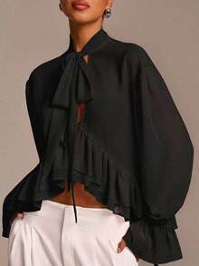 Camisa de manga larga con volantes rosa para mujer con pañuelo de gasa anudado, blusa elegante y casual de estilo romántico bohemio con volantes transparentes - Negro - Ver 7