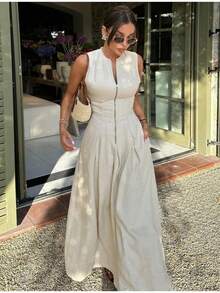 Women's Spring Summer Dress, Round Neck, Plain, Sleeveless With Zipper, Casual, Office, Elegant, European Style Available - 白色 - 查看 12