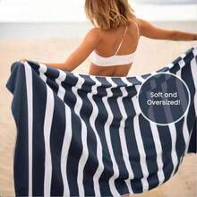Oversized (180x200cm) Microfiber Beach Towel - Quick Dry Sandproof - Portable Lightweight For Travel - - Oversized Pool Towel .Striped - Dark Blue - 4 - View 2