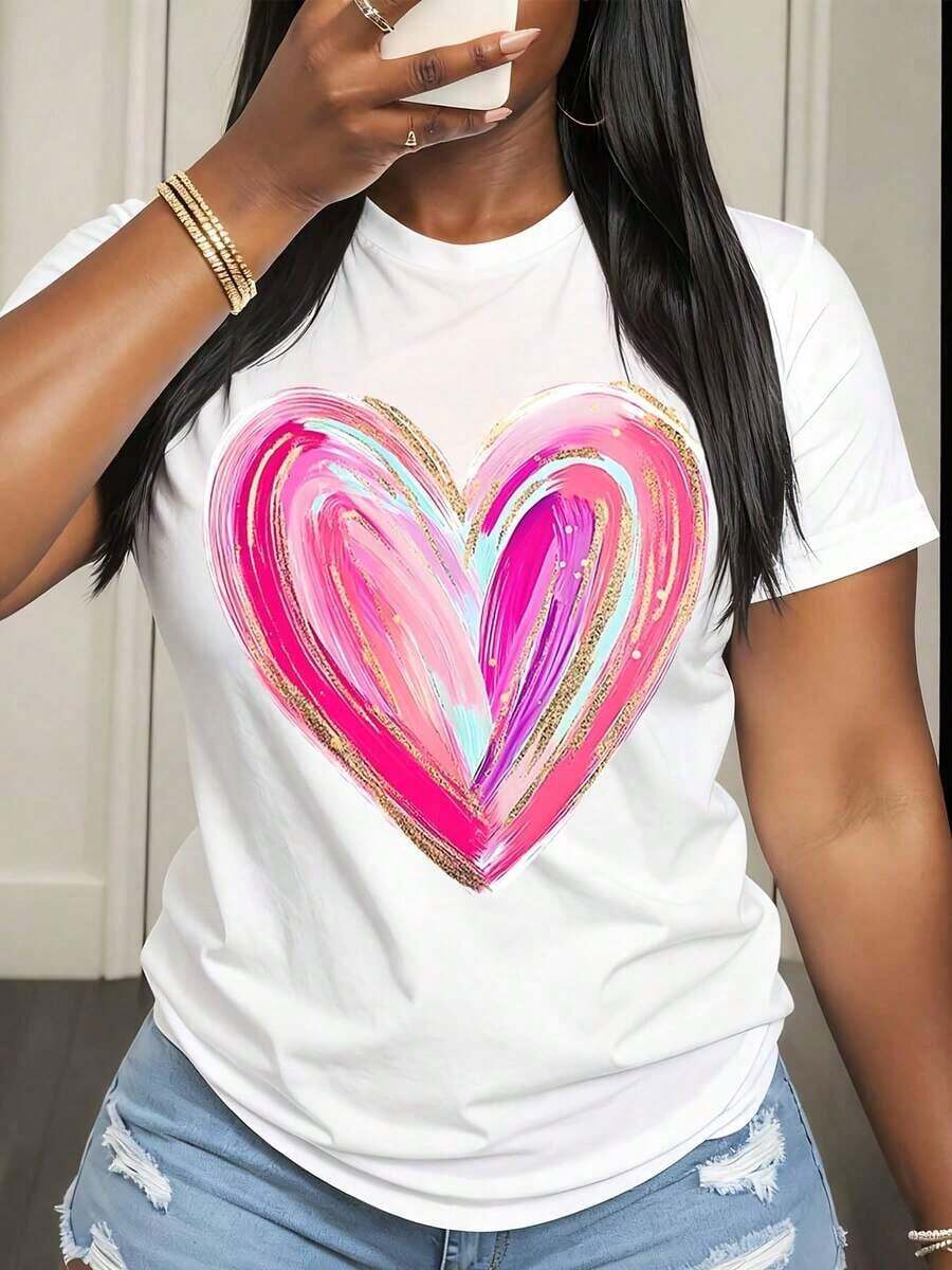 Camiseta de manga corta para mujer con estampado de corazones y diseño de espirales rosas y doradas para uso casual y el Día de San Valentín. - Blanco - Ver 1
