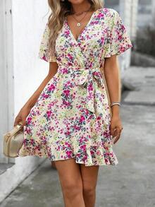 Vestido con estampado dálmata, mangas de mariposa, volantes, dobladillo envolvente y cinturón para vacaciones y playa para mujeres - Albaricoque - Ver 5