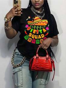 Fiesta Squad Women's Casual Short Sleeve Graphic Print T-Shirt, Mexican Style, Versatile And Comfortable, Suitable For All Body Types, Ideal For Daily Wear And Activities, Excellent Gift Choice For Everyday Use. - 黑色 - 查看 7