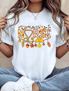 100% Pure Cotton, Unisex Women's T-Shirt, Casual, Short Sleeve, With Autumn Leaf Print, Stethoscope And Heart, Gifts For Family And Friends, Comfortable Clothing For All Seasons, Suitable For Wearing At Home Parties. - 白色 - 查看 7