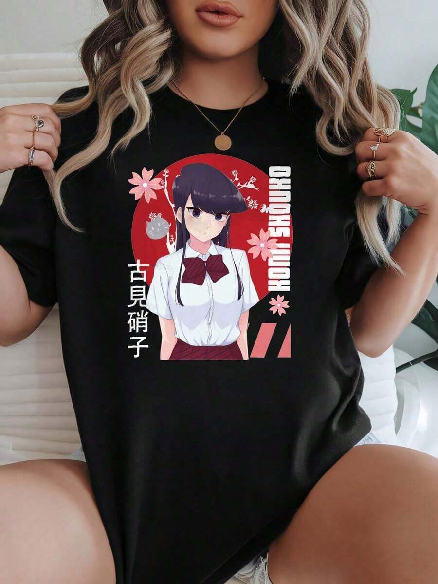 Camiseta de Mujer Casual de Corte Holgado, Opciones en Blanco y Negro, Estampado de Personajes de Anime, Camisetas Gráficas de Verano, Camisetas Cortas para Mujer, Ropa Vintage de Algodón, Ropa Linda para Mujer, Playera Holgada para Mujer - Negro - Ver 1