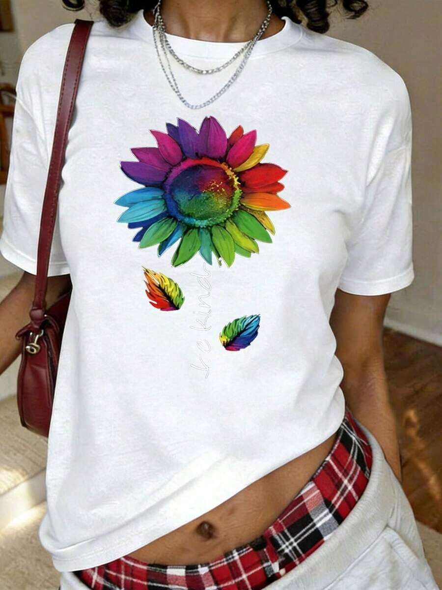 1 pieza de camiseta con estampado de girasol, manga corta, cuello redondo, top casual para verano y primavera, ropa de mujer, 180g de algodón 100%. - Blanco - Ver 1