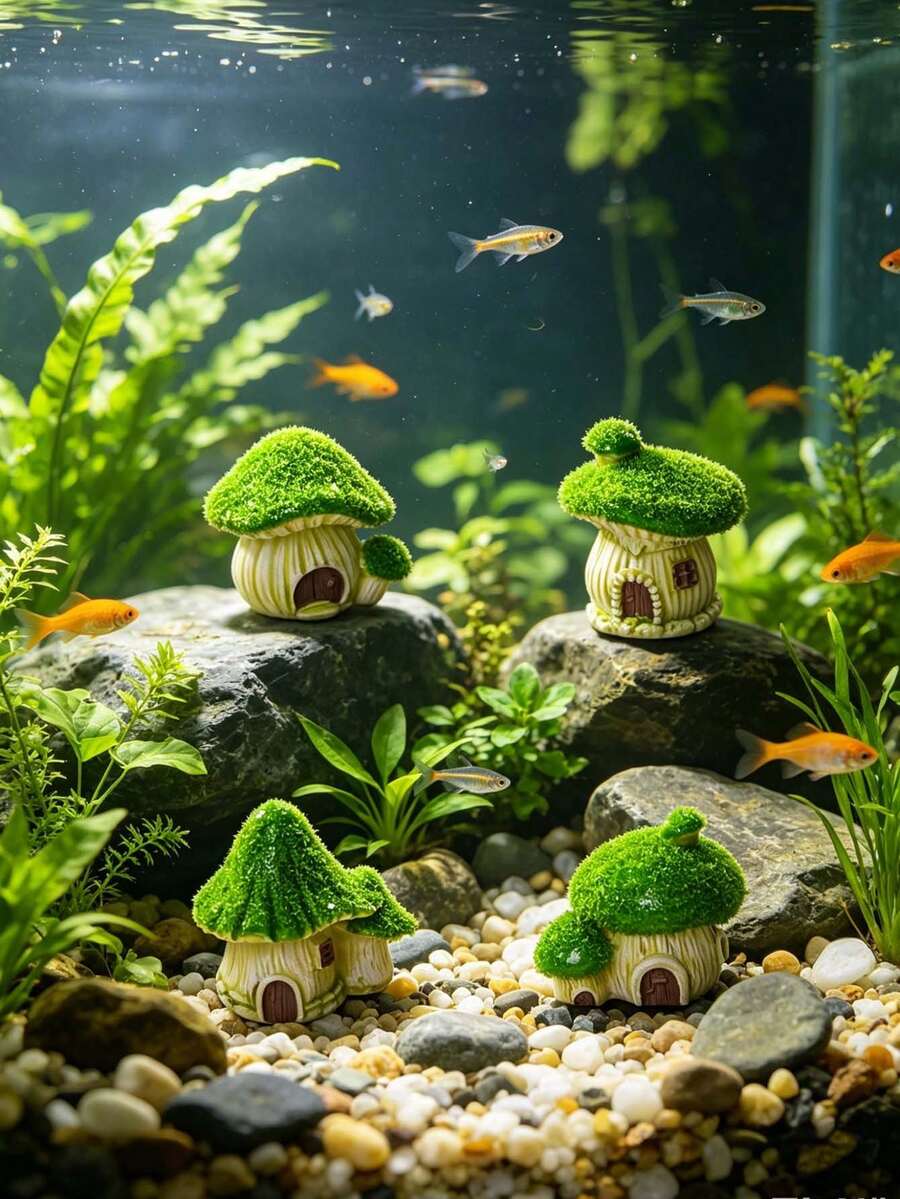 4件套创意绿色毛绒蘑菇屋迷你装饰品,水族箱绿色植物装饰,水族箱蘑菇屋景观,仙女苔藓屋迷你装饰,树脂桌面摆件,植物景观屋,水族箱DIY装饰工艺品,迷你仙女屋,室内装饰,水族箱配件,适用于爬行动物、乌龟、斗鱼、金鱼和两栖动物 - A - 查看 1