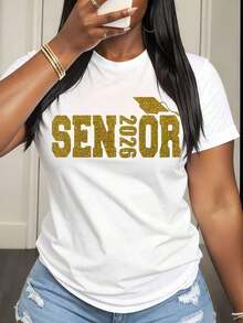 Women's T-Shirt, Gold Glitter Graduation Cap Design, Summer 2026, Casual Women's Clothing - 白色 - 查看 6