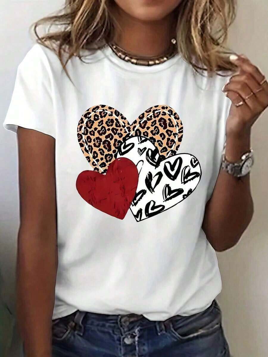 Camiseta de diseño moderno y creativo con estampado de corazón, de manga corta y cuello redondo, para mujer, adecuada para el uso diario en primavera y verano. - Blanco - Ver 1