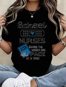 Camiseta de Enfermera Escolar con Gráfico de Vendaje y Bolsa de Hielo para Trabajo y Uso Casual - Estilo Urbano Vintage Unisex, Camiseta de Manga Corta de Algodón 100% con Cuello Redondo - Negro - Ver 7