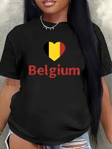 Camiseta de manga corta ligera y duradera, con un diseño en forma de corazón inspirado en Bélgica, perfecta para descansar en casa o salir a cenar, ofreciendo una experiencia de uso diario cómoda. - Negro - Ver 7