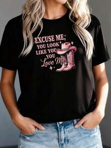 1 pcsWomen'S Playful Cowboy Boot Graphic T Shirt Excuse Me, You Look Like You Love Me Pink & White Print, Casual Round Neck, Short Sleeve, Lightweight  Blend For Spring Summer Outings, We180g Algodón 100% - Negro 1 - Ver 8