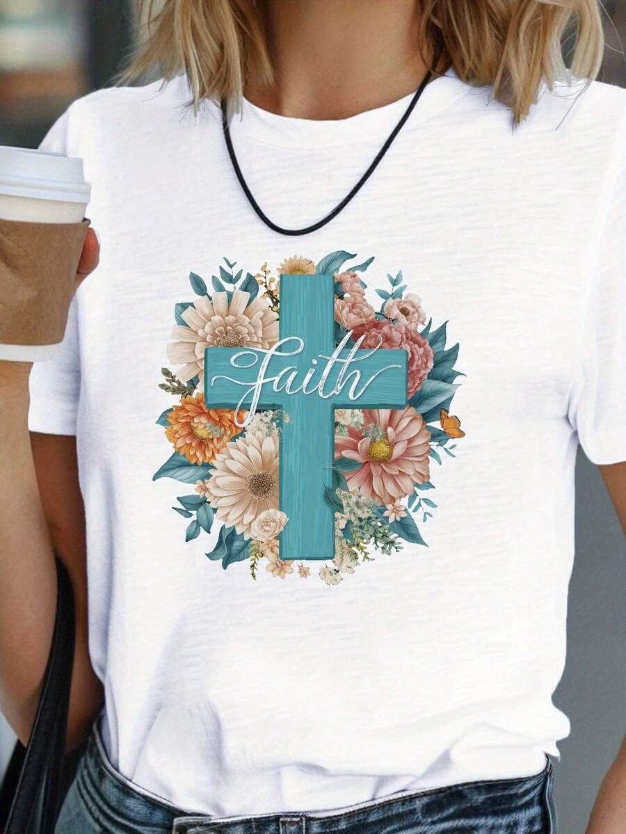 Camisetas de Algodón Oversize para Mujer 2026, Diseño Floral Cruzado Turquesa, Camiseta Cómoda y Suave para Uso Diario, Manga Corta - Blanco - Ver 1
