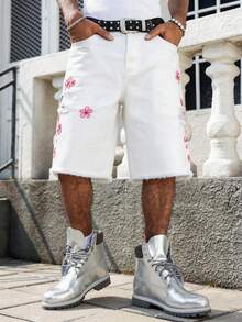 1pc Men's Embroidered Distressed Denim Shorts, American Casual Loose Fit Frayed Hem Bermuda Shorts (Product Does Not Include Belt And Accessories) - White - View 4