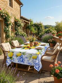1/2pcs Tablecloth, Lemon Floral Pattern Tablecloth, Made Of Polyester Fiber, Suitable For Kitchen, Dining Room, Coffee Table, Dining Table, Picnic, Camping, Countryside Decor, Square Or Round Shape Available, Vintage Blue And White Floral, Fresh And Natural Style - Multicolor - View 21