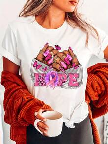 Camiseta con estampado "Esperanza" para la concientización del cáncer de mama, de manga corta y cuello redondo, prenda casual para verano y primavera, ropa de mujer - Blanco - Ver 2