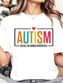 Camiseta de Cuello Redondo para Mujer, Estampado de Texto Arcoíris 'Autismo: Ver el Mundo de Manera Diferente', Ropa Casual para Uso Diario, Navidad, Vacaciones, 220g, Playera Holgada para Mujer - Blanco - Ver 7