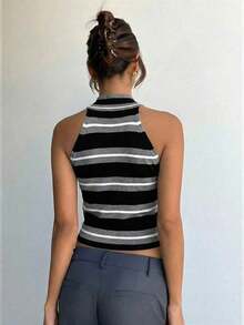 2026 : camiseta sin mangas de punto con rayas sencillas, ajustada y sexy, un básico de moda para chicas - Blanco y Negro - Ver 2