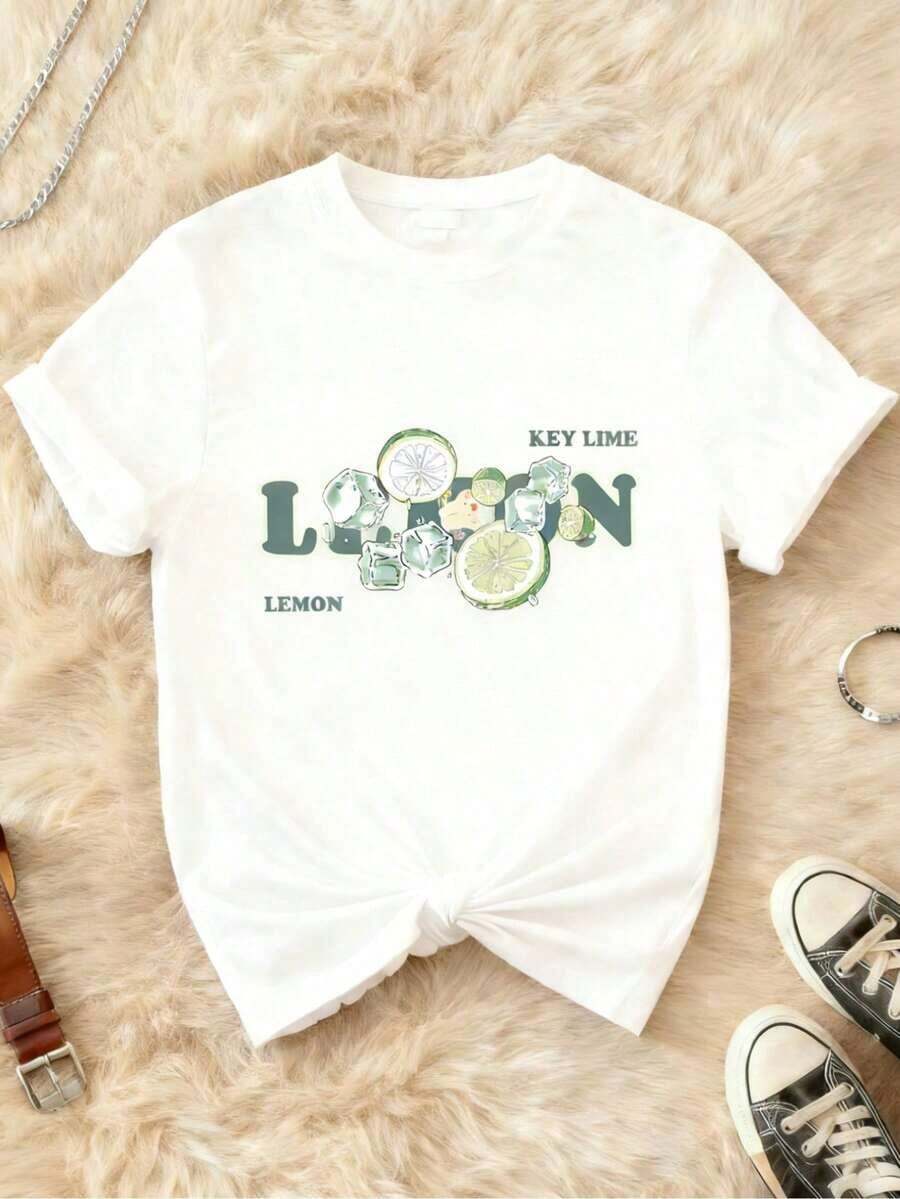 1 pieza de camiseta de manga corta con cuello redondo para mujer, 100% algodón, con estampado gráfico de limones y limas con cubitos de hielo, suave, transpirable, de corte holgado informal para uso diario en verano y conjuntos de vacaciones. 180g 100% algodón, los estampados están completamente impresos. Unisexo. - Blanco - Ver 1