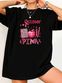 playeras de mujer algodon Camiseta de concientización sobre el cáncer de mama para mujer: lazo rosa y diseño de llave -10-12-16-18-20-25-30-35-40-45-50-55-60-65-70-75-80-85-90-95-100-Date, top informal de manga corta con cuello redondo, diseño de cinta para octubre >ropa - Negro - Ver 2