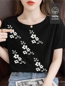 Camiseta Oversize de Manga Corta con Estampado Floral EDICIÓN BLANCO Y NEGRO |   100% Algodón - Negro - Ver 7