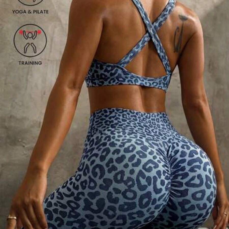 Soqi Women's Clothing Slayform 1 Conjunto de Sujetador Deportivo y Mallas de Mujer con Estampado de Leopardo y Diseño Cruzado Retorcido para Yoga, Correr, Fitness y Ejercicio - Azul - Ver 1