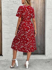 Vestido casual de vacaciones con estampado de plantas y manga corta para mujer - Verde militar - Ver 2