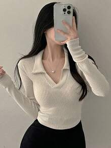 Camiseta corta de mujer de unicolor con cuello polo ajustada, ropa de otoño y vuelta al colegio, tops de mujer de manga larga - Albaricoque - Ver 5