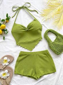 Nuevo conjunto informal de vacaciones de primavera/verano para invitados a bodas en la playa, graduación, brunch, Día de San Patricio, Spring Break, Pascua, festivales de música, elegante, bohemio, tropical, con estampado de rayas azul y blanco, camiseta de tirantes finos y conjunto de 2 piezas - Verde - Ver 1